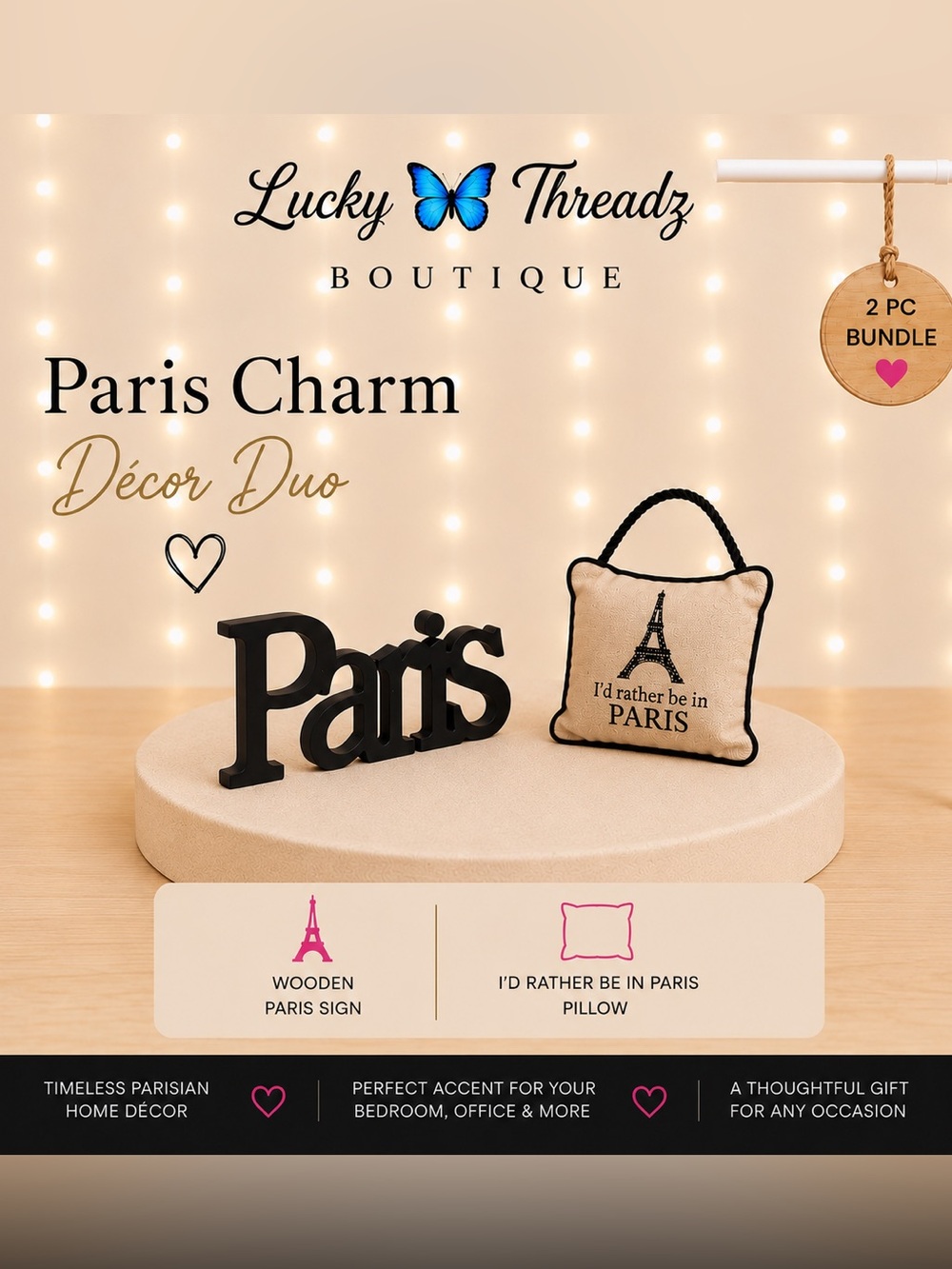 Paris Decor Bundle Wooden Sign Eiffel Tower & Pillow 2 Pc